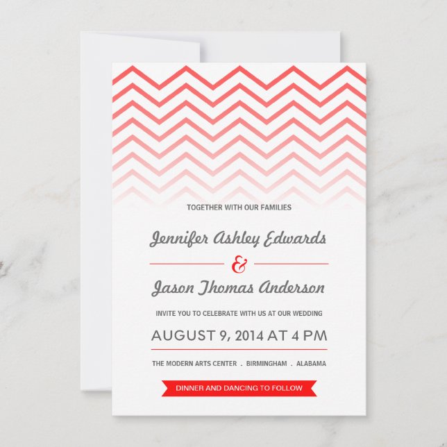 Red Ombre Chevron Wedding Invitations (Front)