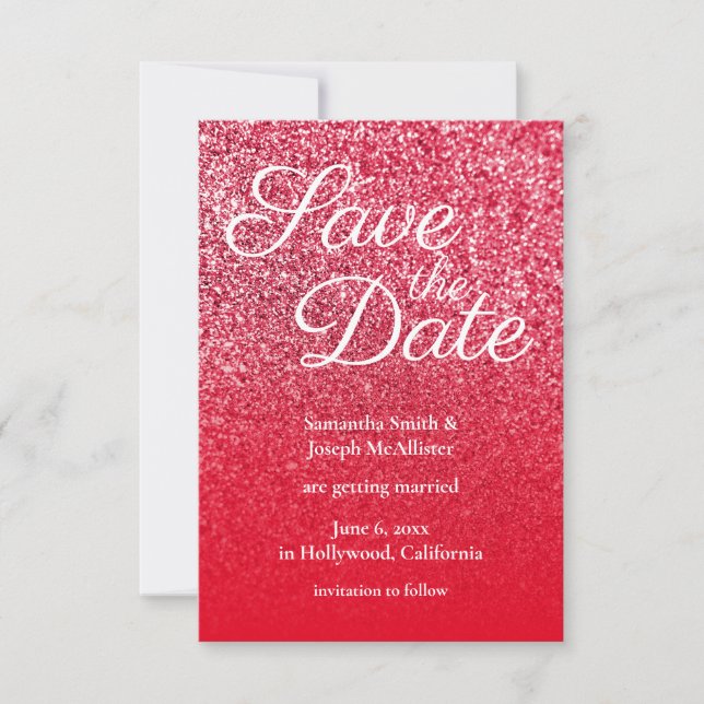 Red Ombre Glitter Save the Date Invitation (Front)
