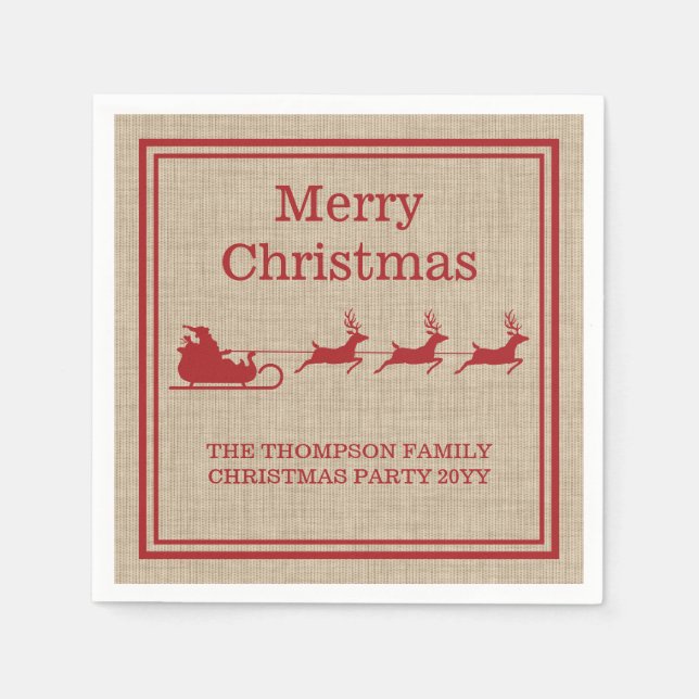 Red On Beige Santa's Sleigh Christmas Silhouette Napkin (Front)