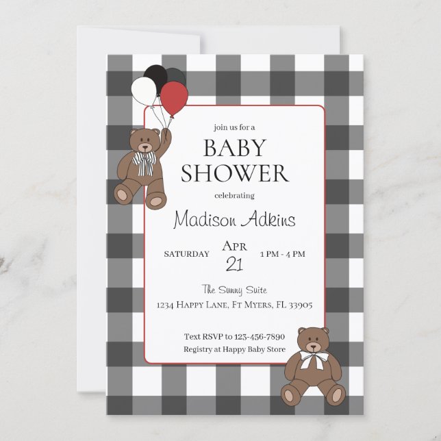 Red on Black Buffalo Check Teddy Bears Baby Shower Invitation (Front)