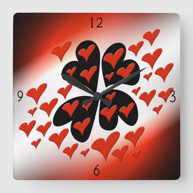 Red on Black Hearts Square Wall Clock (Front)
