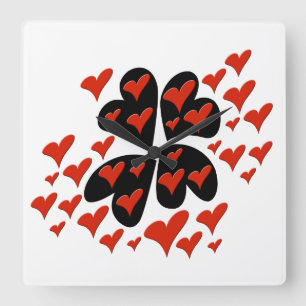 Red on Black Hearts Square Wall Clock