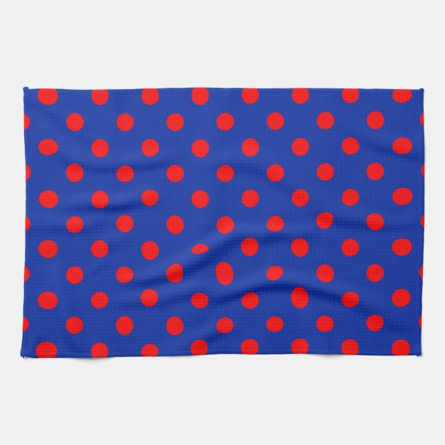 Red On Blue Polka Dots Pattern Design  Kitchen Towel (Horizontal)