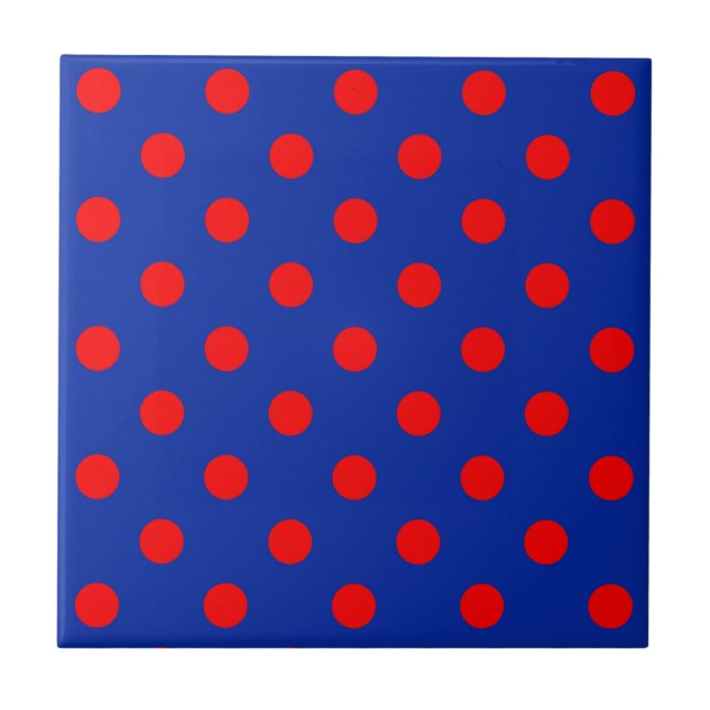 Red On Blue Polka Dots Pattern Design  Tile (Front)