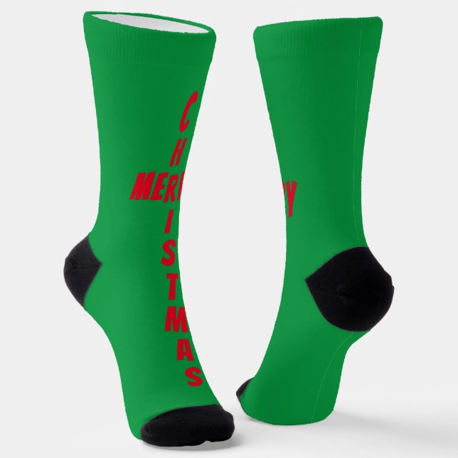 Red On Green Merry Christmas Socks (Angled)