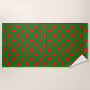 Red On Green Polka Dots Pattern Design  Beach Towel
