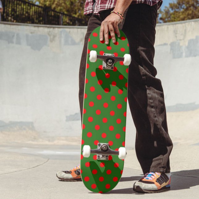 Red On Green Polka Dots Pattern Design  Skateboard (Creator Uploaded)