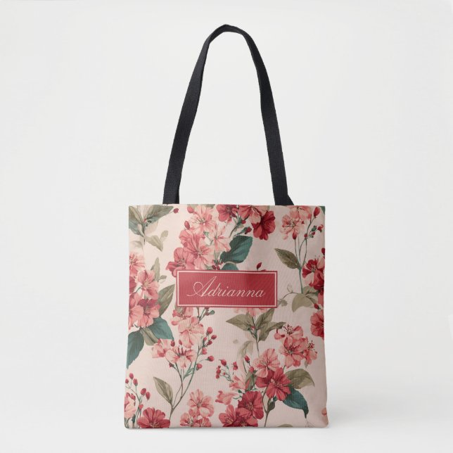 Red on Pink Hibiscus Floral Tote Bag (Front)