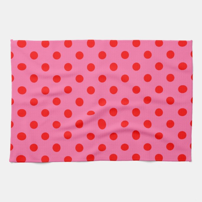 Red On Pink Polka Dots Pattern Design Kitchen Towel (Horizontal)