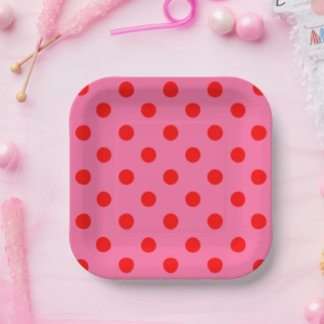 Red On Pink Polka Dots Pattern Design Paper Plate