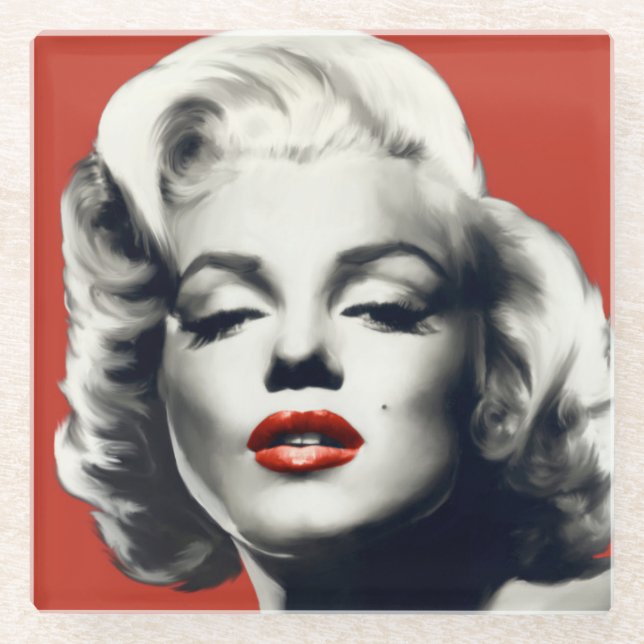 Red on Red Lips Marilyn Glass Coaster (Front)
