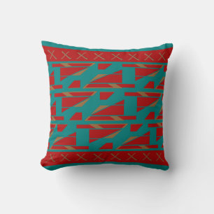 Red on Turquoise Bordered Mediterranean Panels Throw Pillow