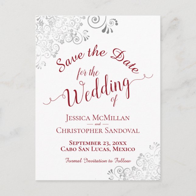 Red on White Lacy Silver Wedding Save the Date Announcement Postcard (Front)