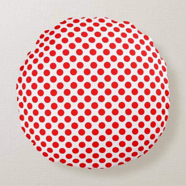 Red on White Medium Size Polka Dots Round Pillow (Front)