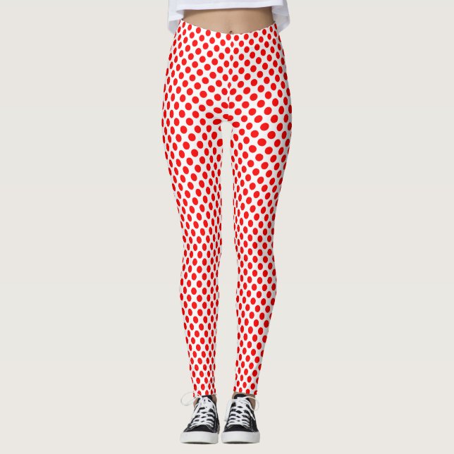 Red on White Small Size Polka Dots Leggings (Front)