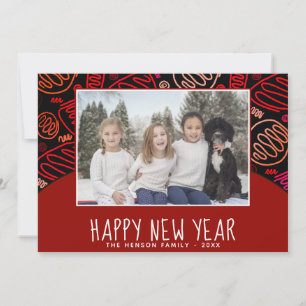 Red One Line Shapes Pattern Photo New Year Holiday Card