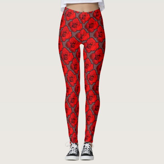 Red Opening Rosee on Grey Patterned Leggings