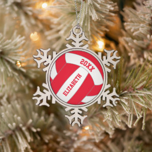 Red or ANY colour personalized girl's volleyball Snowflake Pewter Christmas Ornament