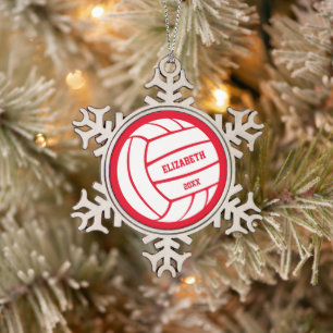 Red or ANY colour personalized girl's volleyball Snowflake Pewter Christmas Ornament