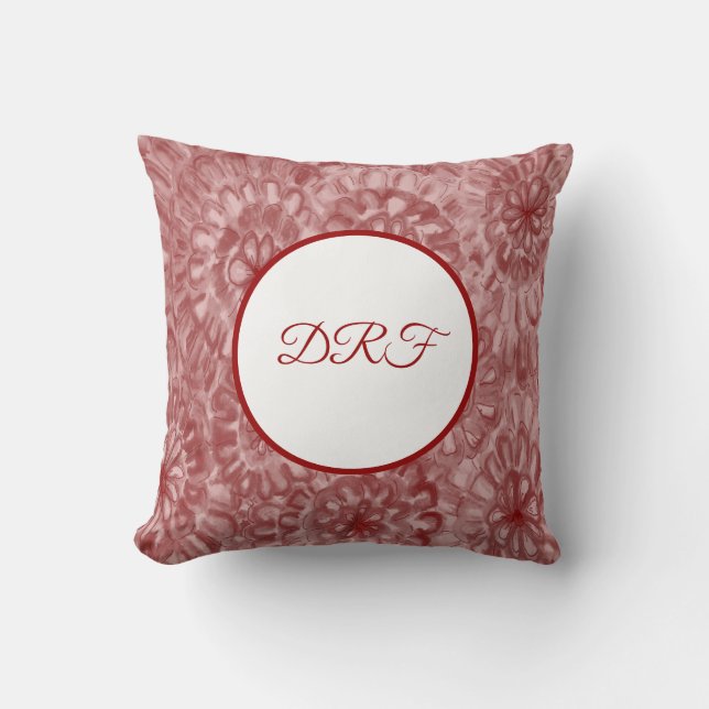 Red or Custom Colour Painted Flowers w/ Monogram  Throw Pillow (Front)