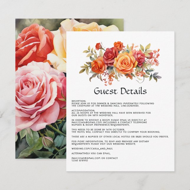 Red, Orange, and Sage Floral Guest Details Enclosure Card (Front/Back)