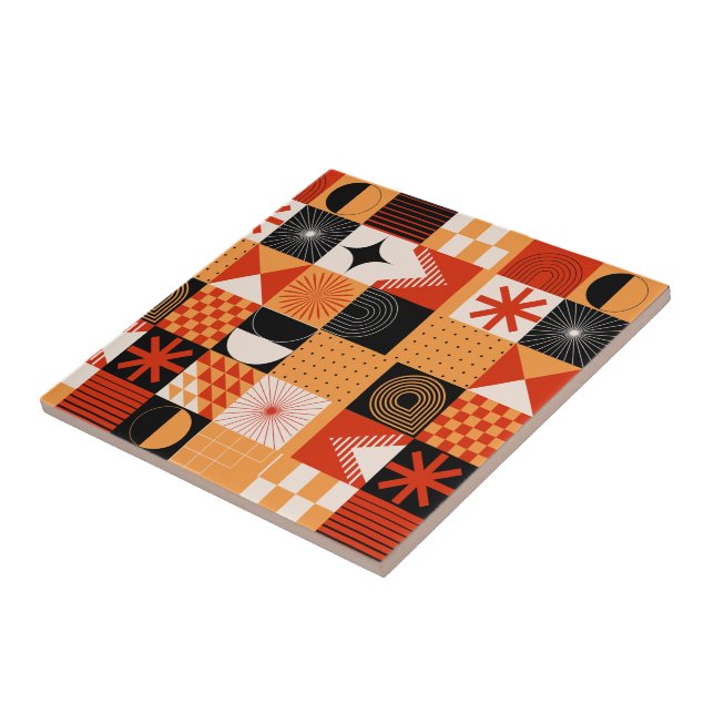 Red Orange Black Geometric Pattern Ceramic Tile (Side)