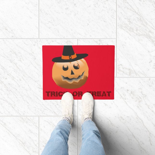 red orange black, pumpkin witch halloween doormat (Indoor)