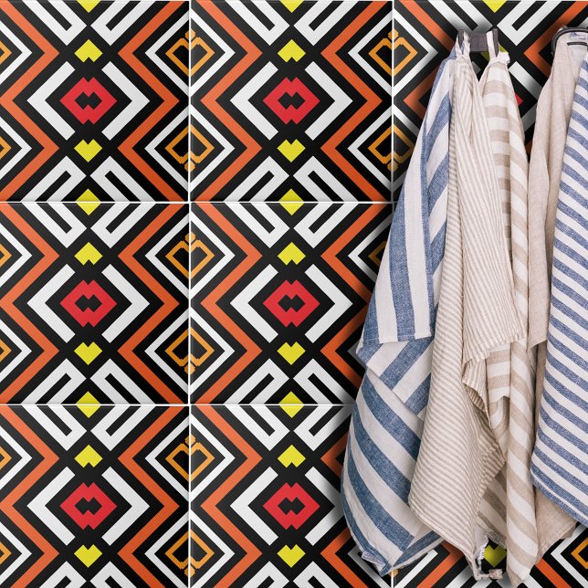 Red Orange Black White Mosaic Geometric Pattern Tile (Creator Uploaded)