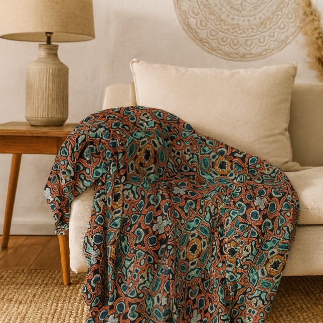 Red Orange Blue Aqua Turquoise Hip Bohemian Art Fleece Blanket (Creator Uploaded)