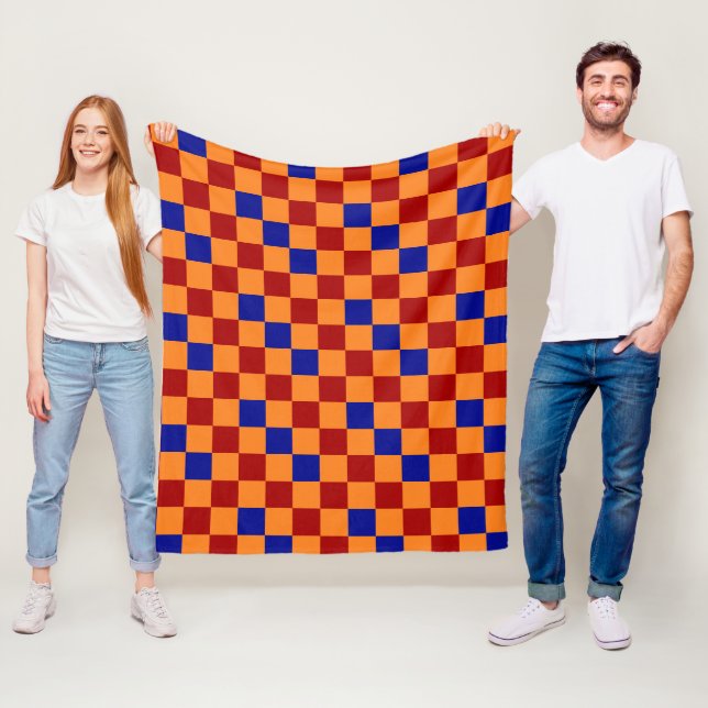 Red Orange Blue Checkered Pattern Design  Fleece Blanket (In Situ)