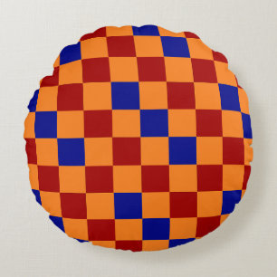 Red Orange Blue Chequered Pattern Design Round Pillow
