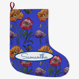 Red Orange Blue Poppy Poppies Floral Art Large Chr Large Christmas Stocking