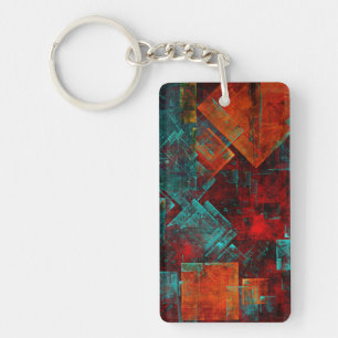 Red Orange Blue Squares Abstract Art Keychain