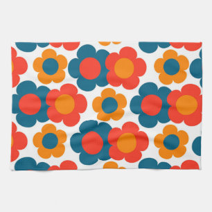 Red Orange Blue Tropical Floral Botanical Summer Kitchen Towel