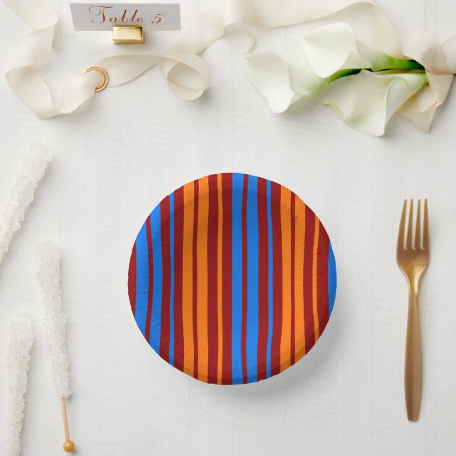Red Orange Blue Vertical Stripes Design   Paper Plate (Wedding)