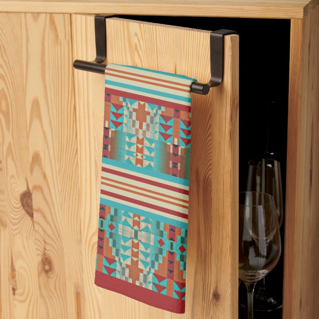 Red Orange Brown Aqua Turquoise Blue Tribal Art Kitchen Towel (Thirds Fold)