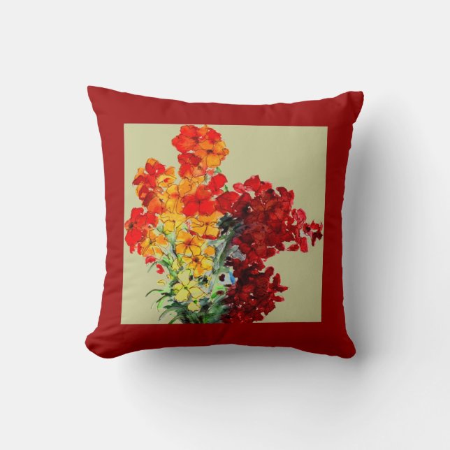 Red, Orange, Burgundy Watercolour Wallflowers Throw Pillow (Front)