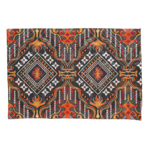 Red-Orange Central Asian: Traditional Motifs Pillowcase