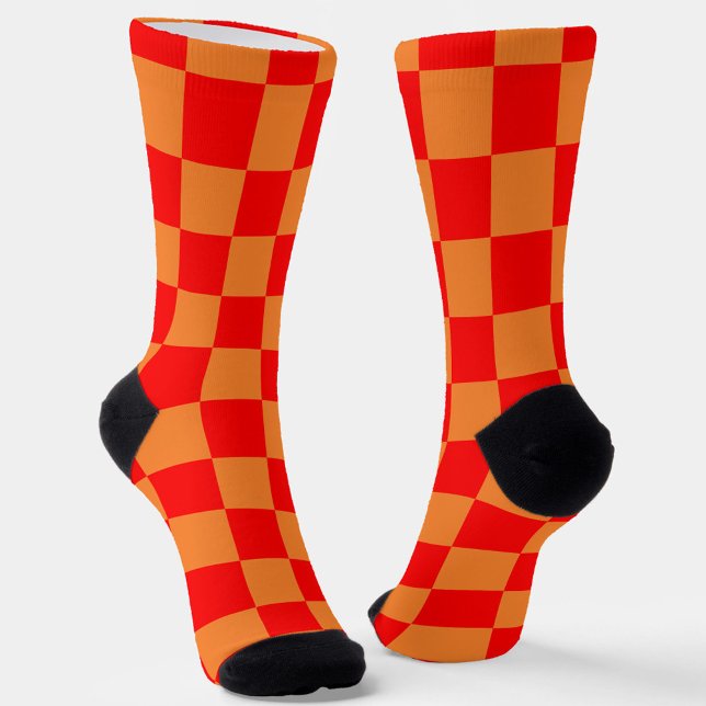 Red Orange Check Chequered Pattern  Socks (Creator Uploaded)