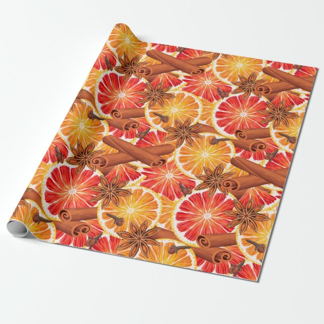 Red Orange Citrus and Spice Merry Christmas Wrapping Paper (Unrolled)