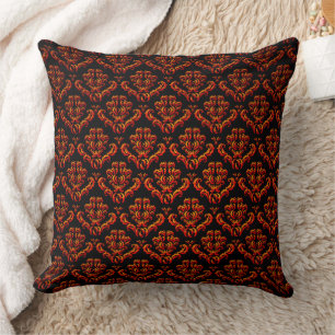 Red Orange Damasks On Black Throw Pillow
