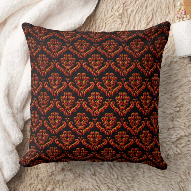 Red Orange Damasks On Black Throw Pillow (Blanket)