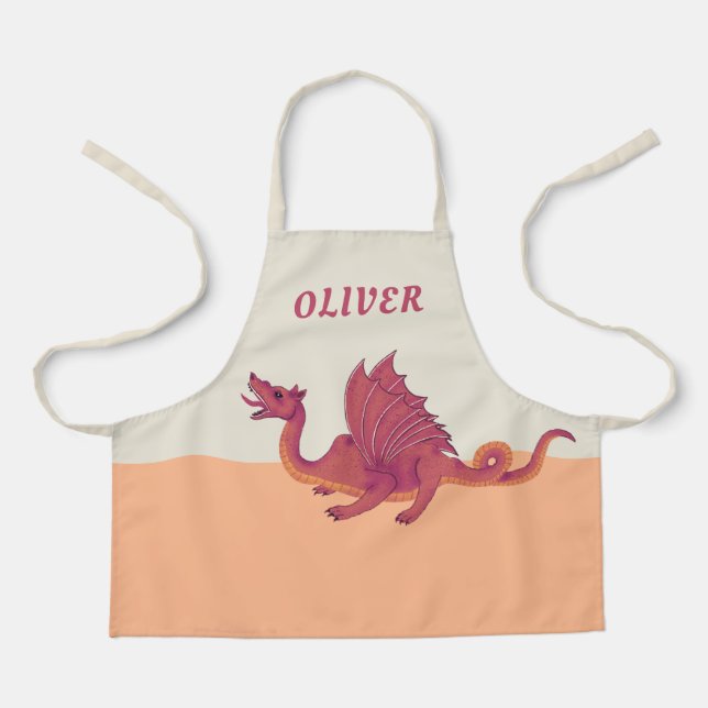 Red Orange Dragon Drawing Kid`s Name Apron (Front)