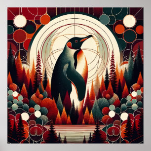 Red Orange Emperor Penguin Retro Tree Geometric Poster