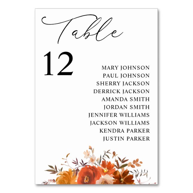 Red & Orange Fal Floral Table Number Seating Chart (Front)