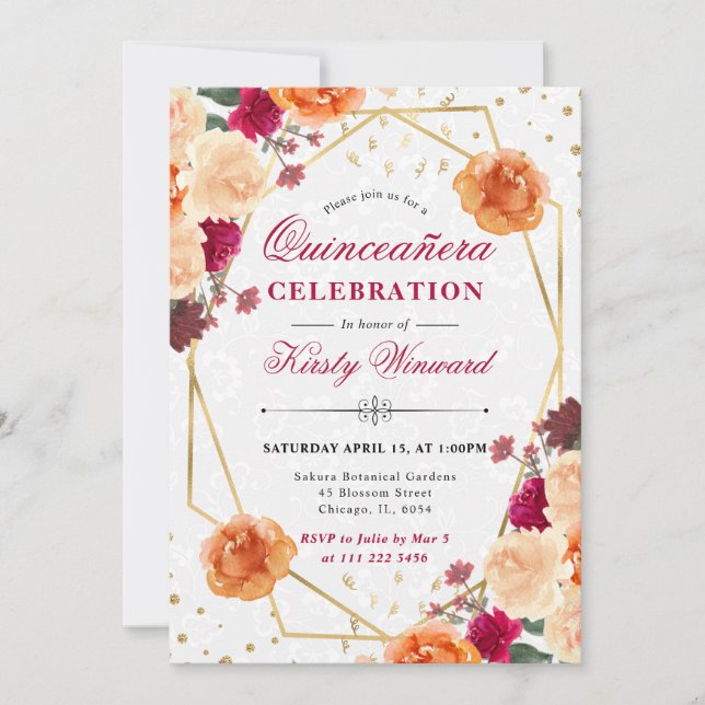 Red & Orange Fall Flowers Frame Quinceanera Invitation (Front)