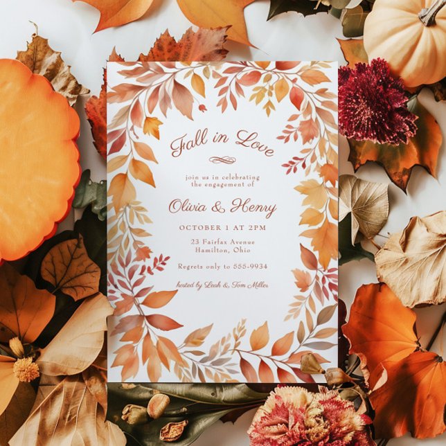 Red Orange Fall Leaves Fall in Love Engagement Invitation (Creator Uploaded)