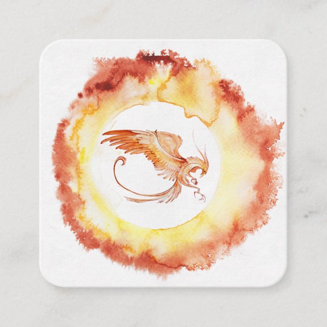 *~* Red Orange Flame Phoenix Ring of Fire White Square Business Card (Front)