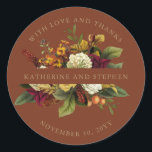 Red | Orange Floral Bouquet With Love and Thanks C Classic Round Sticker<br><div class="desc">Ethereal floral bouquets with shades of dark red, rusty orange, yellow to harvest gold and lush greenery give this dark botanical "With Love and Thanks" design a look of deep, rich modern rustic elegance that is sure to impress your recipients. Available in a variety of colours. Shown here in terracotta...</div>