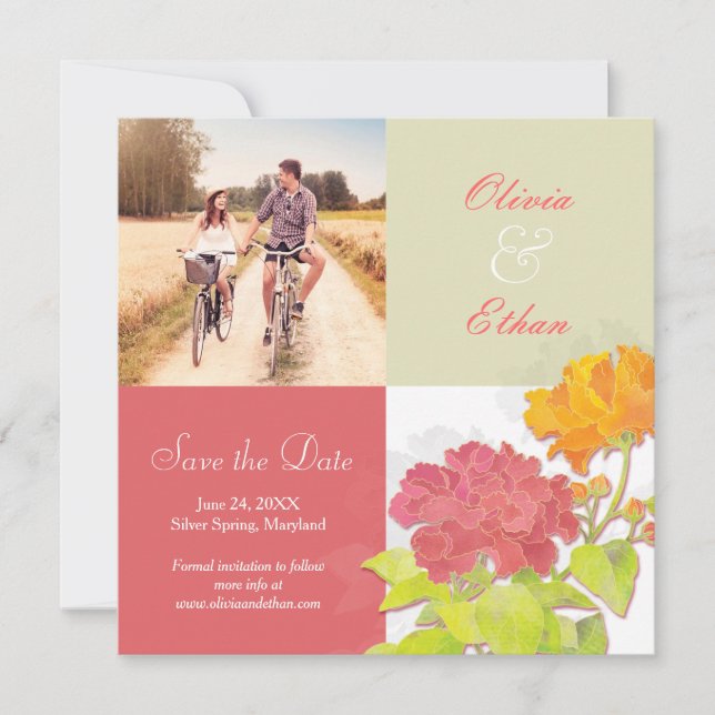 Red Orange Floral Wedding Photo Save the Date (Front)